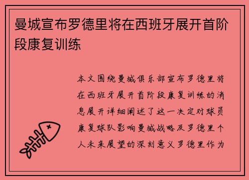 曼城宣布罗德里将在西班牙展开首阶段康复训练